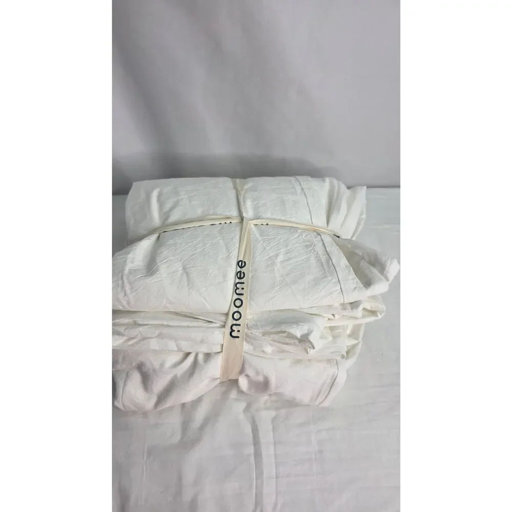 MooMee Full Duvet Cover Set White 100% Washed Cotton Linen Look 80x90